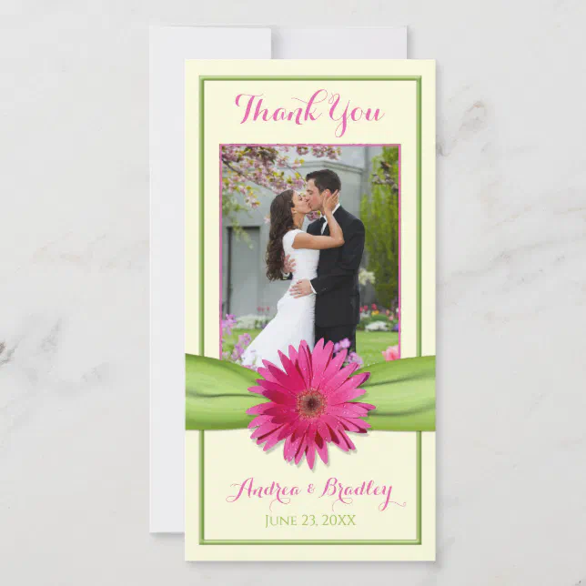 Pink Gerbera Daisy Green Ribbon Wedding Thank You Card | Zazzle