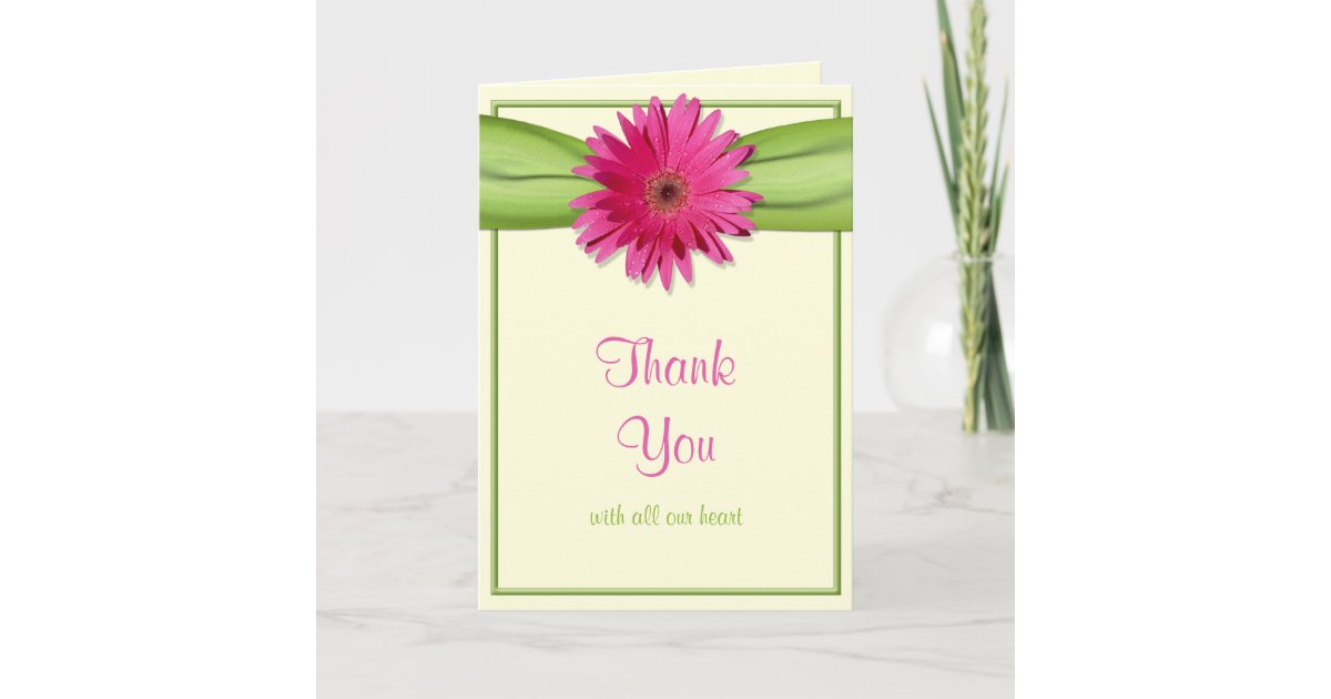 Pink Gerbera Daisy Green Ribbon Wedding Thank You Card | Zazzle