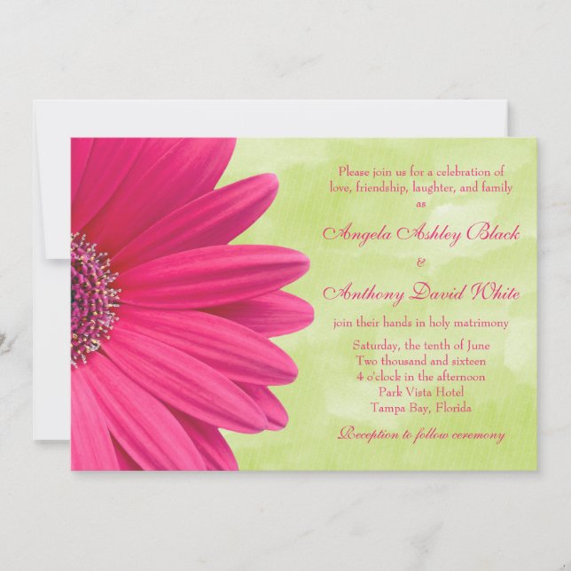 Pink Gerbera Daisy Green Wedding Invitation (Front)