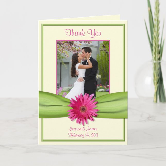 Pink Gerbera Daisy Green Wedding Photo Thank You (Front)