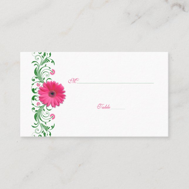 Pink Gerbera Daisy Green Wedding Place Card (Front)