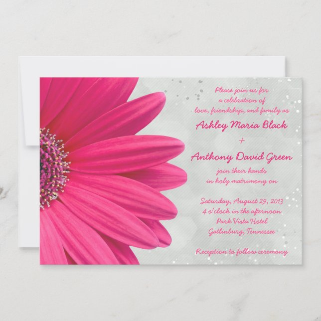 Pink Gerbera Daisy Grey Gray Wedding Invitation (Front)