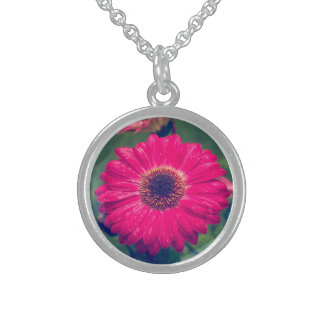 Pink Gerbera Daisy in Bloom Sterling Silver Necklace