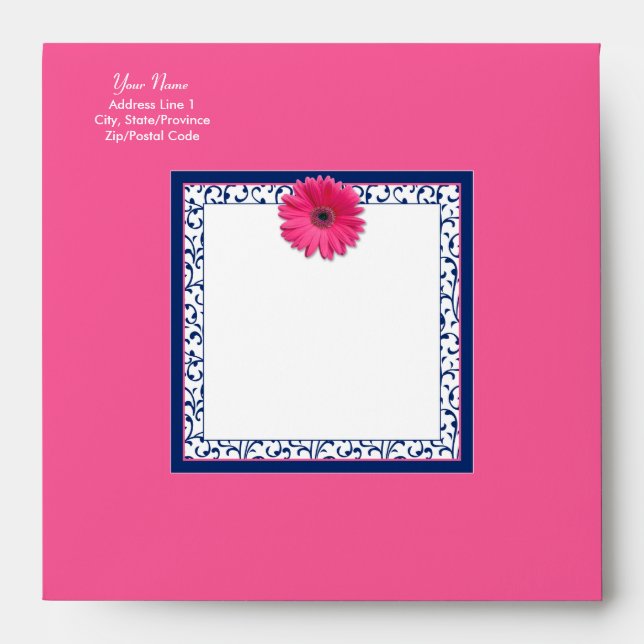 Pink Gerbera Daisy Navy Blue Floral Square Envelope (Front)