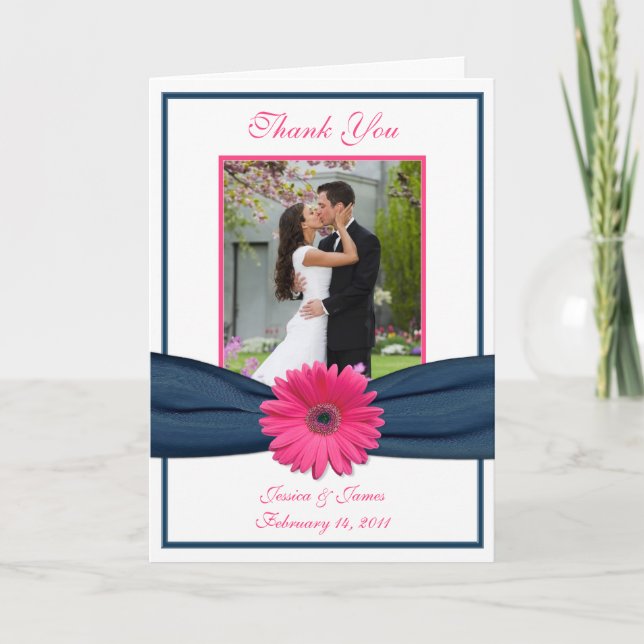Pink Gerbera Daisy Navy Photo Wedding Thank You (Front)