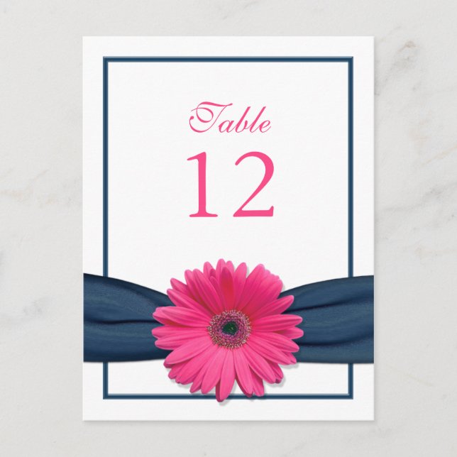 Pink Gerbera Daisy Navy Ribbon Table Number Card (Front)