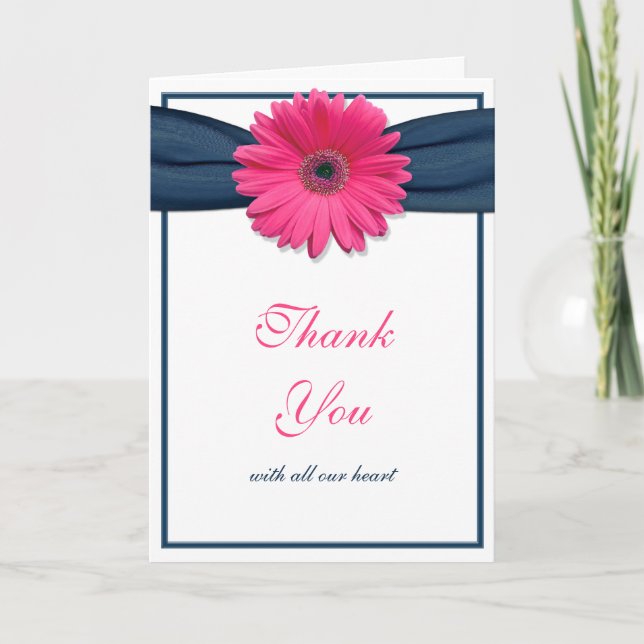 Pink Gerbera Daisy Navy Ribbon Wedding Thank You Card (Front)