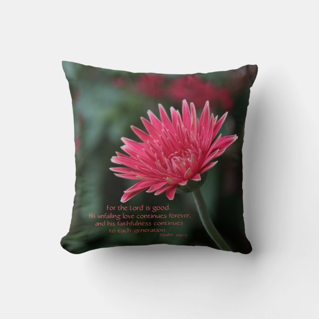 Pink Gerbera Daisy on Green w/ Scripture Verse Throw Pillow (Front)