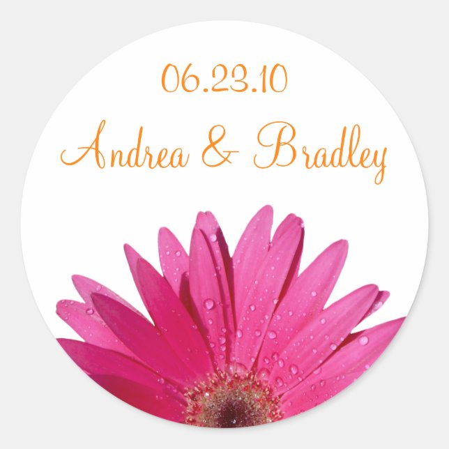 Pink Gerbera Daisy Orange Personalized Wedding Classic Round Sticker (Front)