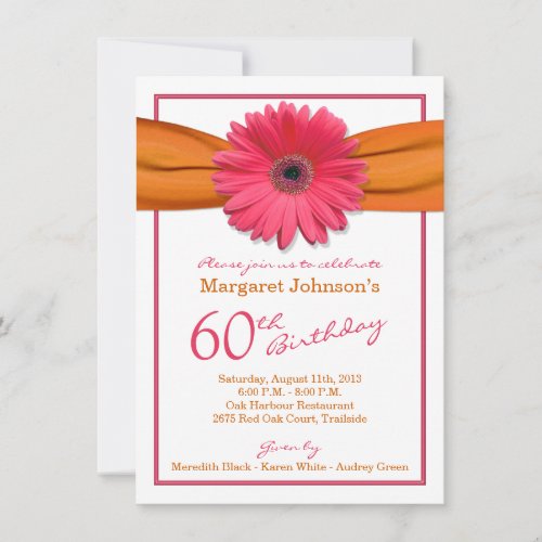 Pink Gerbera Daisy Orange Ribbon 60th Birthday Announcement