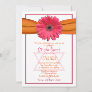 Pink Gerbera Daisy Orange Ribbon Bat Mitzvah Invitation