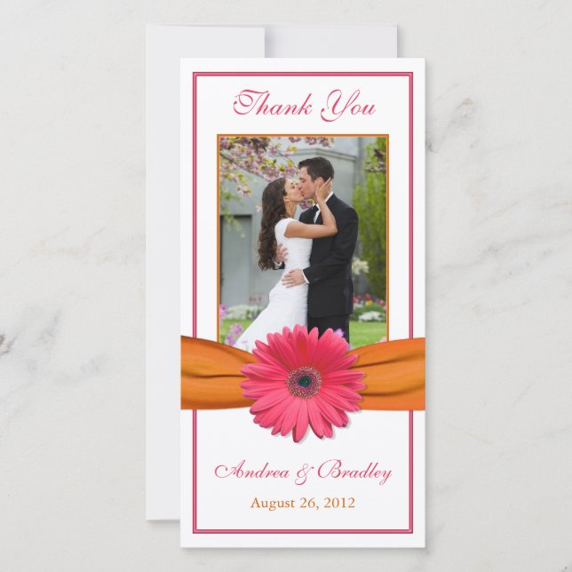Pink Gerbera Daisy Orange Ribbon Wedding Thank You Card (Front)