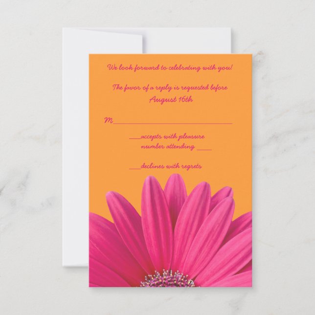 Pink Gerbera Daisy Orange Wedding RSVP Card (Front)