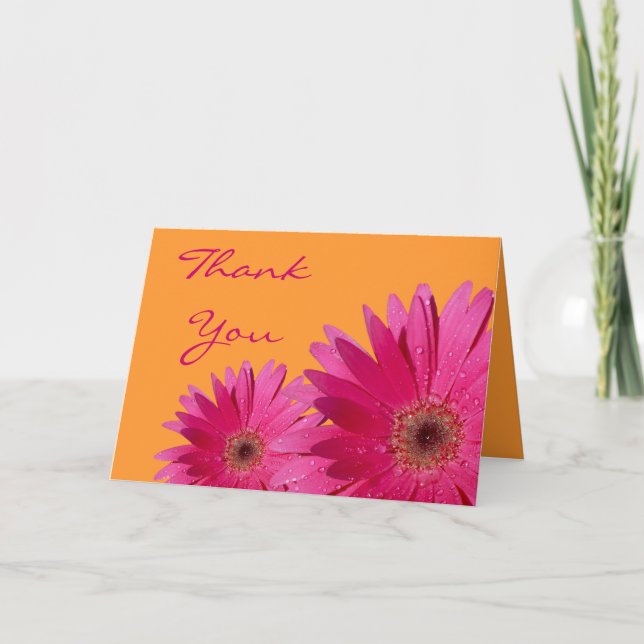 Pink Gerbera Daisy Orange Wedding Thank You Card (Front)