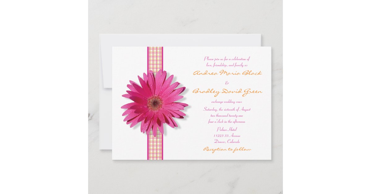 Pink Gerbera Daisy Plaid Ribbon Wedding Invitation | Zazzle