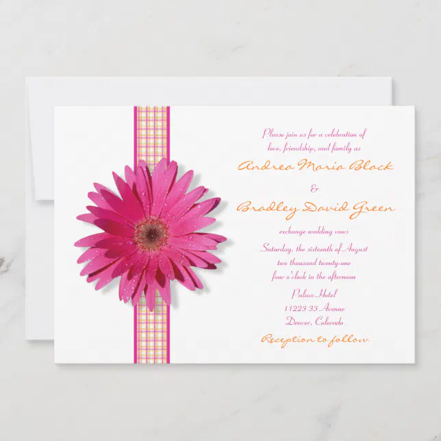 Pink Gerbera Daisy Plaid Ribbon Wedding Invitation | Zazzle
