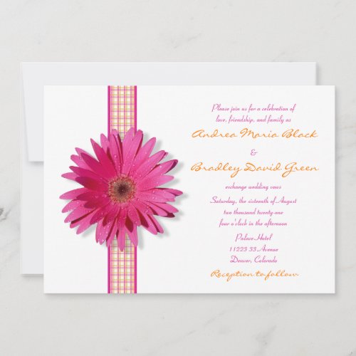 Pink Gerbera Daisy Plaid Ribbon Wedding Invitation