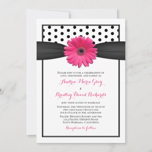Pink Gerbera Daisy Polka Dot Wedding Invitation (Front)
