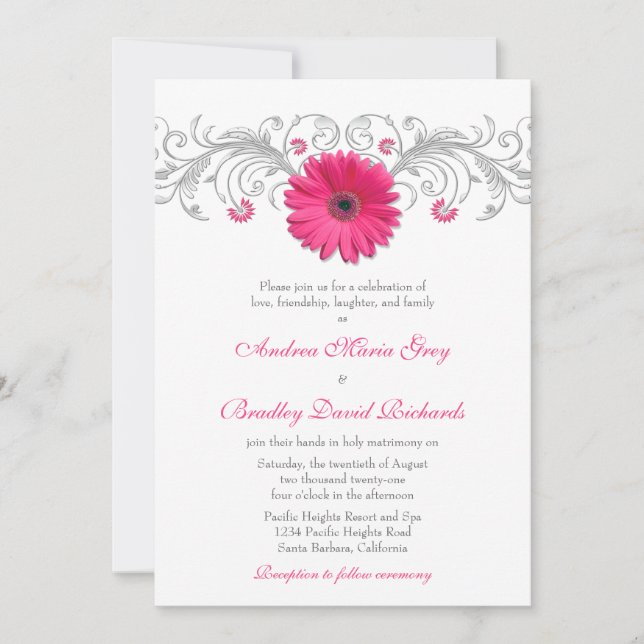 Pink Gerbera Daisy Silver Floral Wedding Invitation (Front)