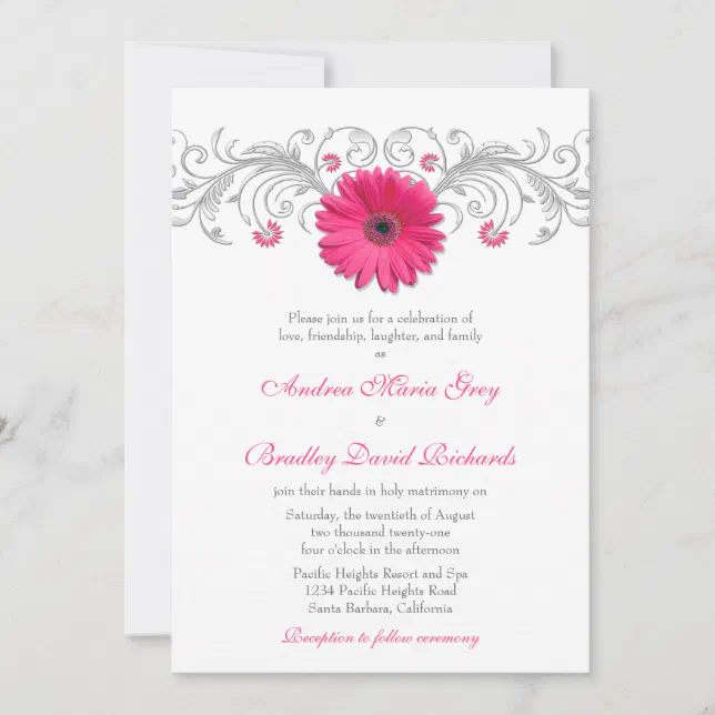 Pink Gerbera Daisy Silver Floral Wedding Invitation | Zazzle