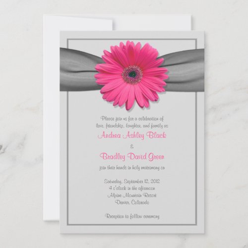 Pink Gerbera Daisy Silver Grey Ribbon Invitation