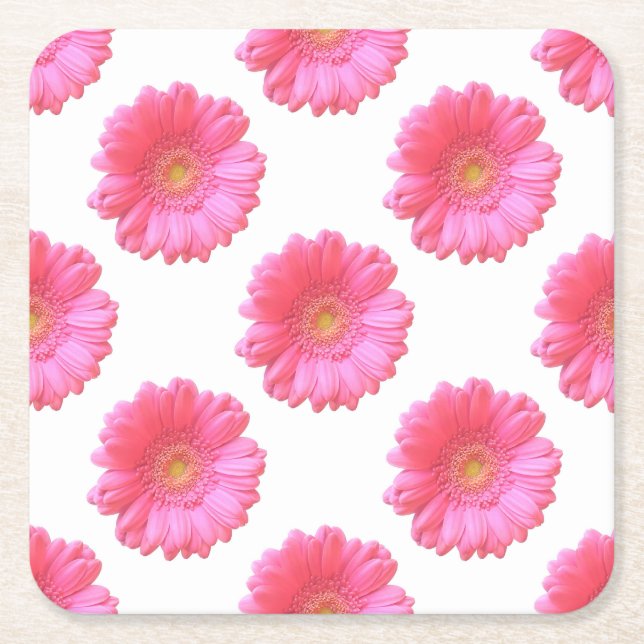 Pink gerbera daisy square paper coaster (Front)