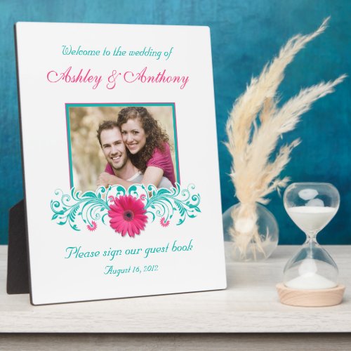 Pink Gerbera Daisy Turquoise Floral Wedding Photo Plaque