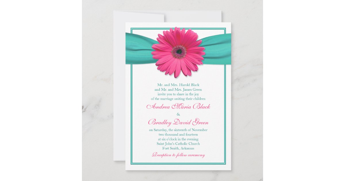 Pink Gerbera Daisy Turquoise Ribbon Wedding Invitation | Zazzle