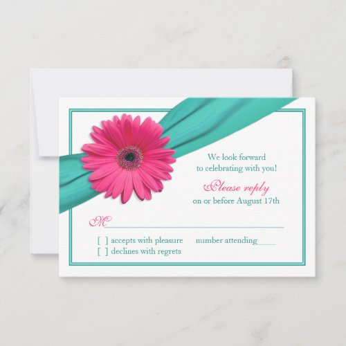 Pink Gerbera Daisy Turquoise Ribbon Wedding RSVP
