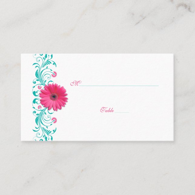 Pink Gerbera Daisy Turquoise Wedding Place Card (Front)