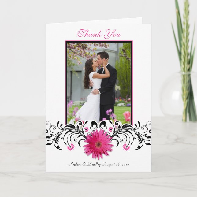 Pink Gerbera Daisy Wedding Photo Thank You Card (Front)