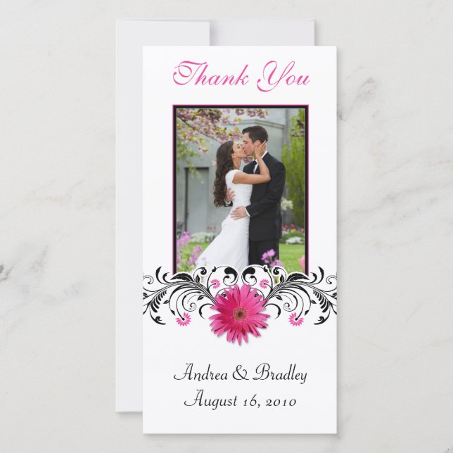 Pink Gerbera Daisy Wedding Thank You Photo Card (Front)