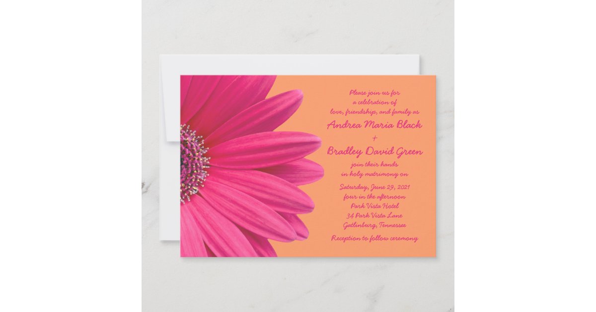 Pink Gerbera Daisy with Orange Wedding Invitation | Zazzle