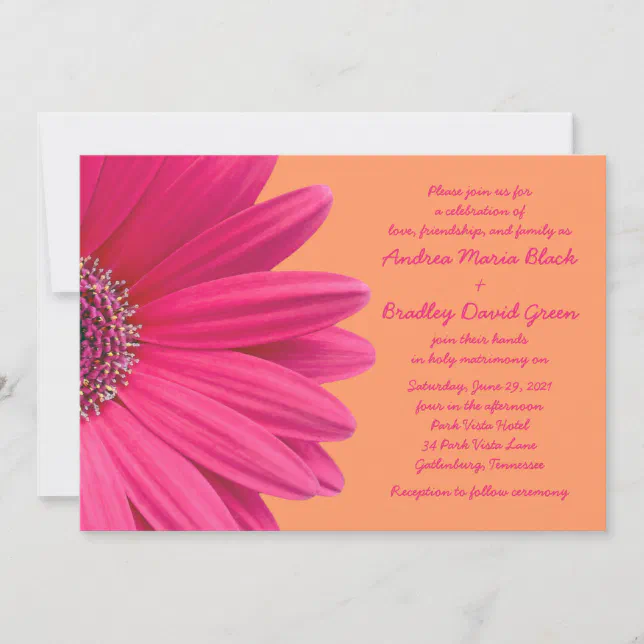 Pink Gerbera Daisy with Orange Wedding Invitation | Zazzle