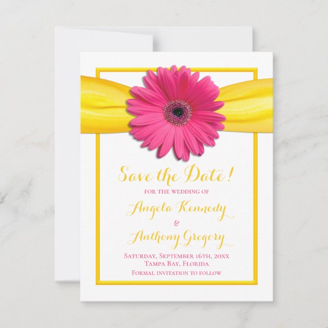 Pink Gerbera Daisy Yellow Ribbon Wedding Save The Date (Front)