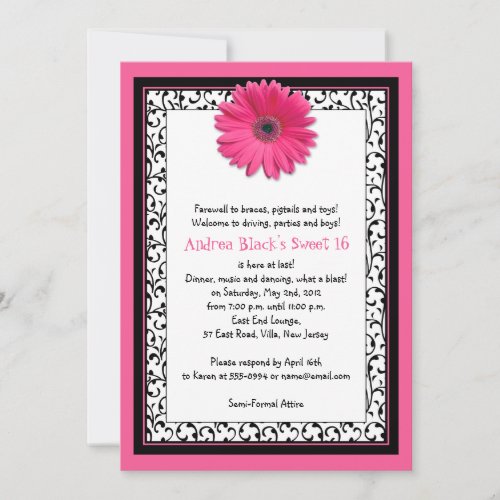 Pink Gerbera Floral Sweet 16 Birthday Invitation