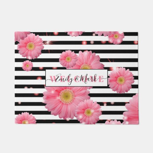 Pink Gerbera Flowers On Black And White Stripes Doormat