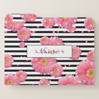 Pink Gerbera Flowers On Black And White Stripes  File Folder