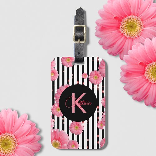 Pink Gerbera Flowers On Black And White Stripes Luggage Tag