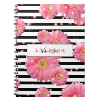 Pink Gerbera Flowers On Black And White Stripes  Notebook