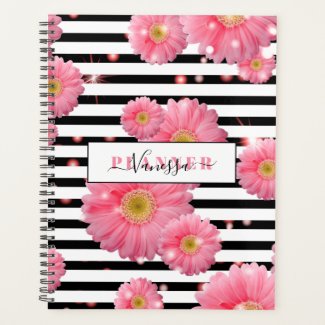 Pink Gerbera Flowers On Black And White Stripes Planner
