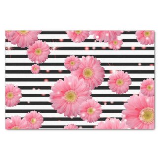 Pink Gerbera Flowers On Black And White Stripes Tissue Paper