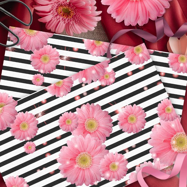 Pink Gerbera Flowers On Black And White Stripes Tissue Paper (Creator Uploaded)