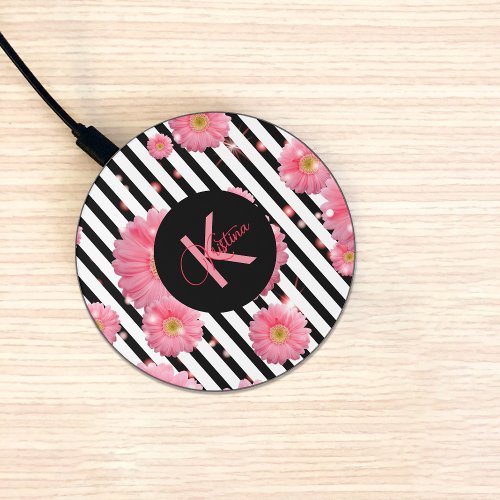Pink Gerbera Flowers On Black And White Stripes Wireless Charger