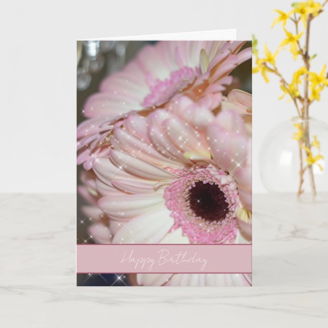 Pink Gerbera Flowers Sparkle Birthday Card (Yellow Flower)