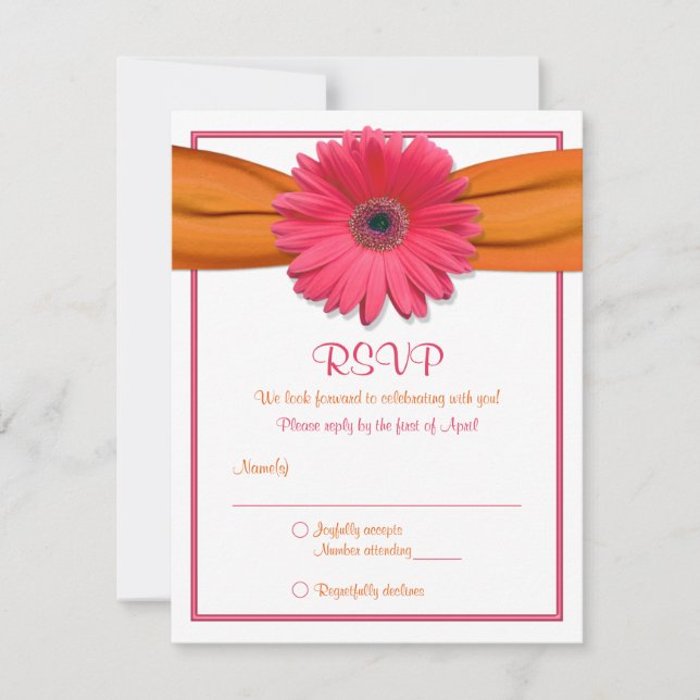 Pink Gerbera Orange Ribbon Bat Mitzvah Reply Card (Front)
