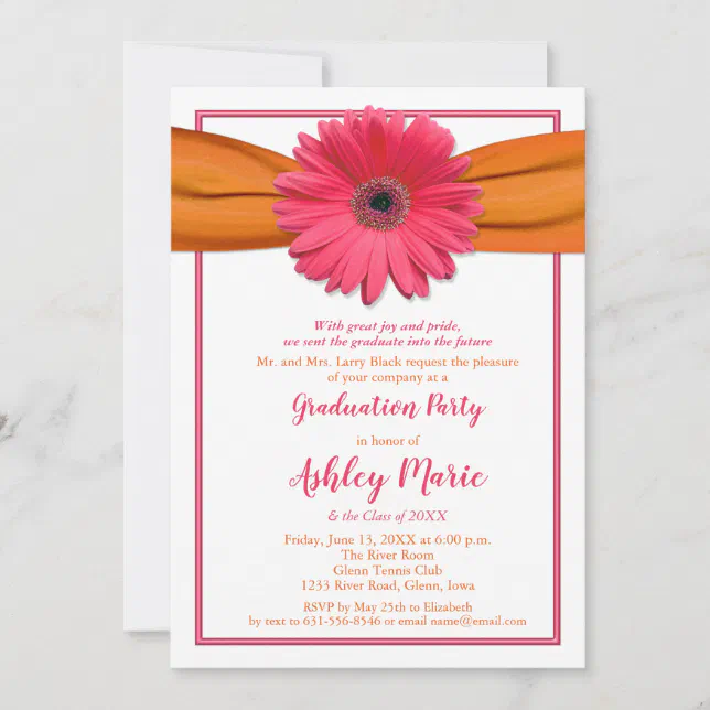 Pink Gerbera Orange Ribbon Graduation Invitation | Zazzle