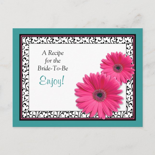 Pink Gerbera Teal Recipe Card for the Bride to Be (Front)