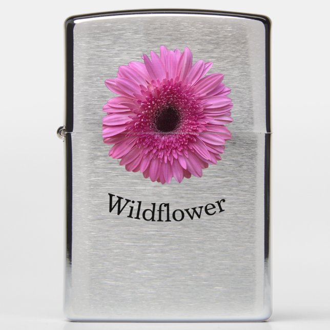 Pink Gerbera Wildflower Brushed Chrome Zippo Lighter (Front)