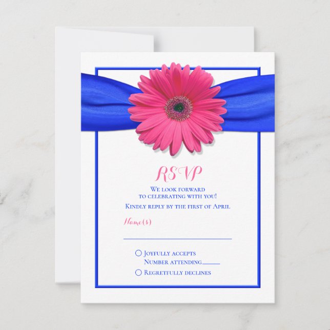 Pink Gerbera with Blue Ribbon RSVP Card (Front)
